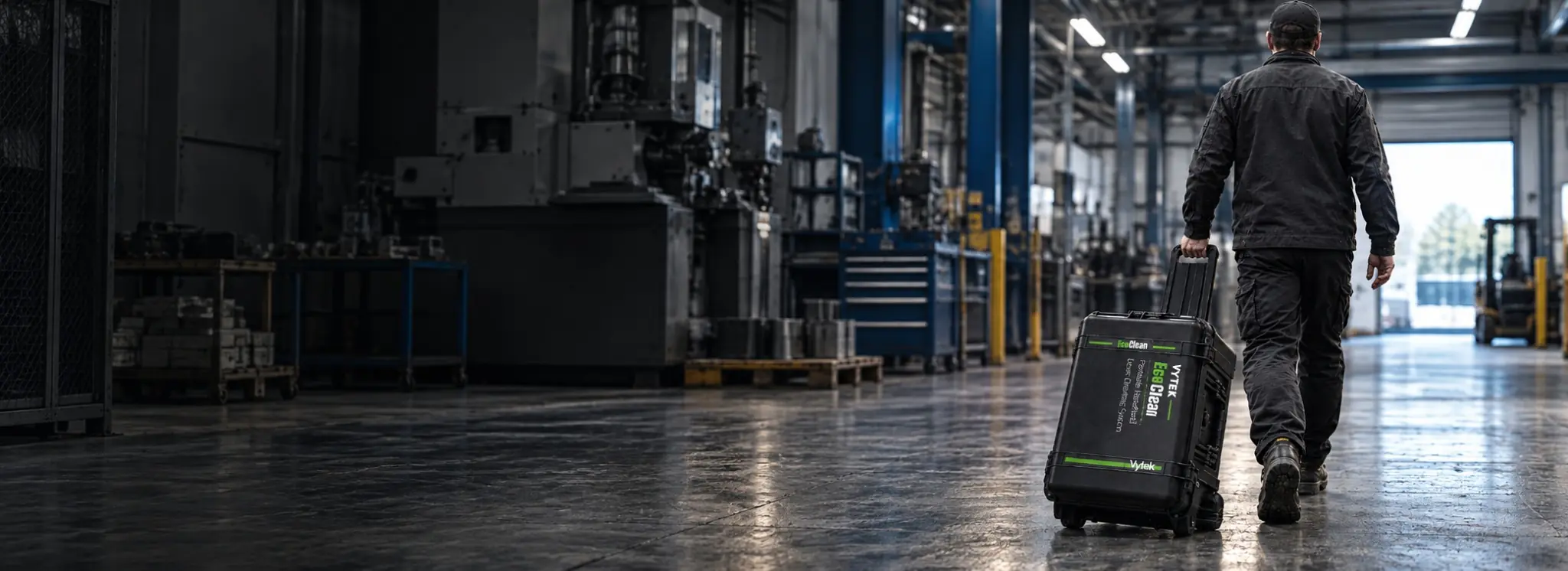 Technician rolling a closed EcoClean case through a manufacturing facility