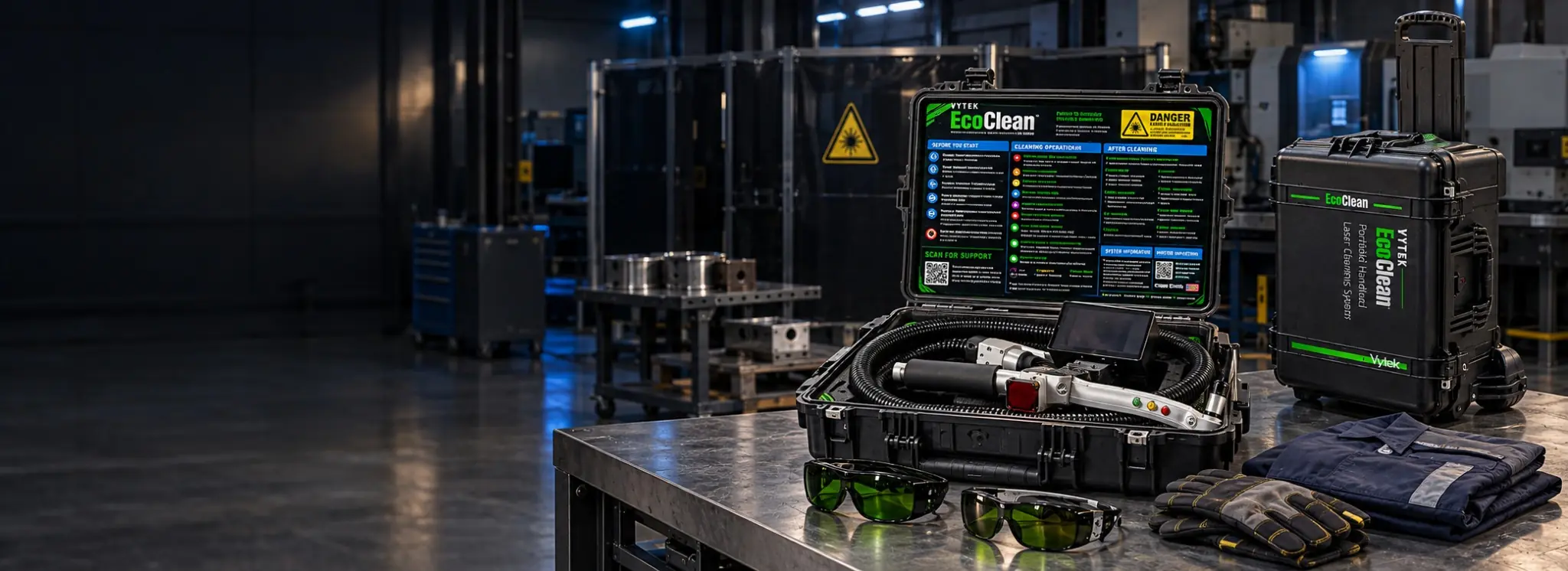 EcoClean equipment staged with protective eyewear, gloves and workwear