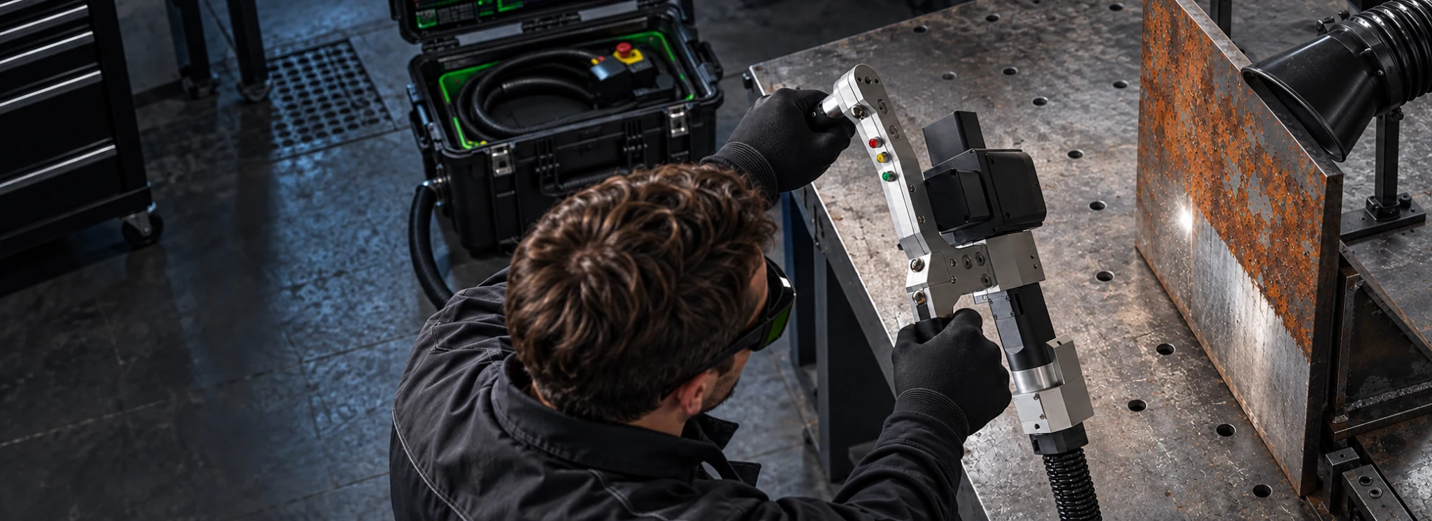 EcoClean handheld laser cleaning a steel plate with an operator wearing protective equipment