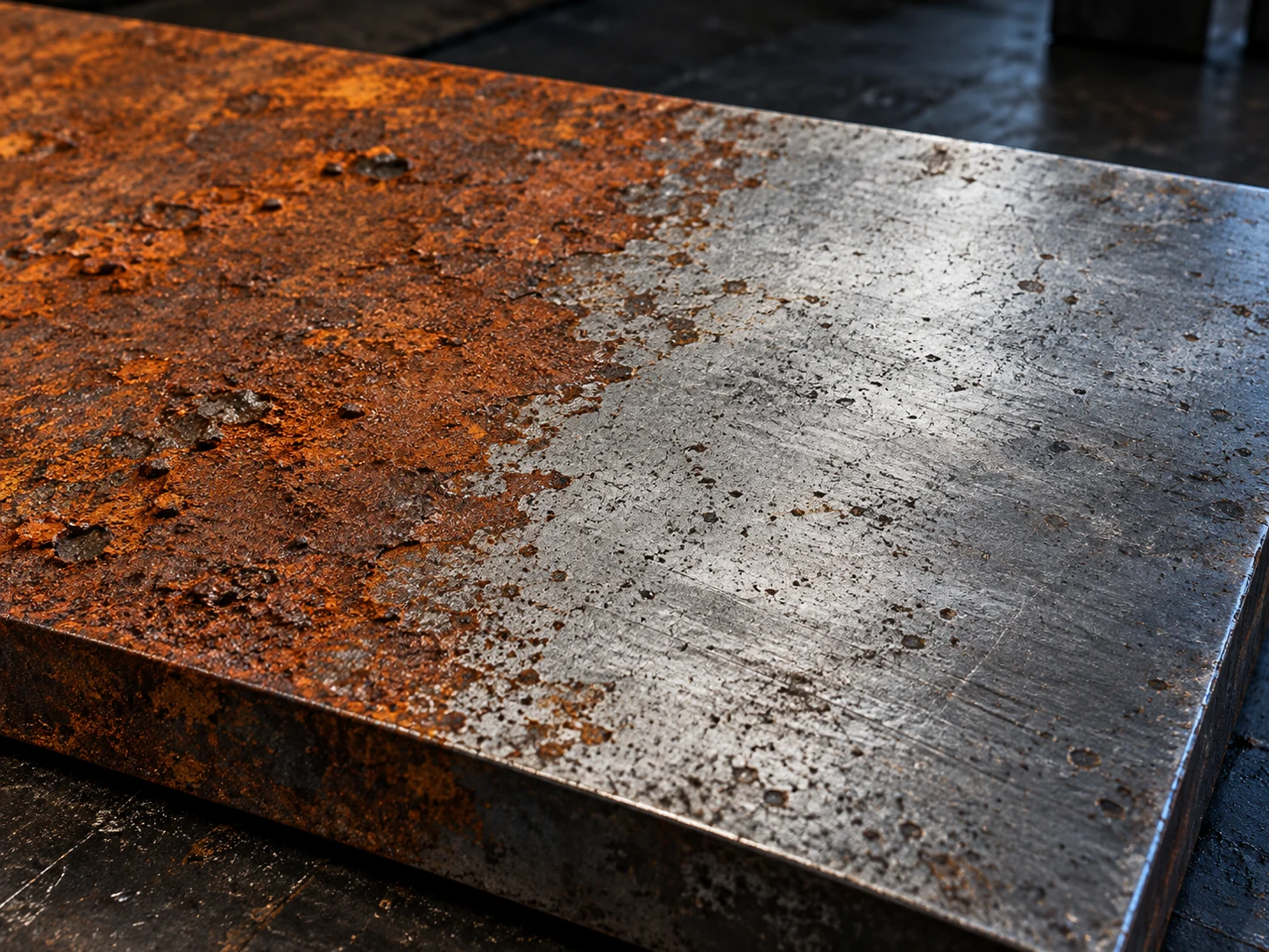 Close-up illustration of textured rust transitioning to exposed steel on a flat metal plate