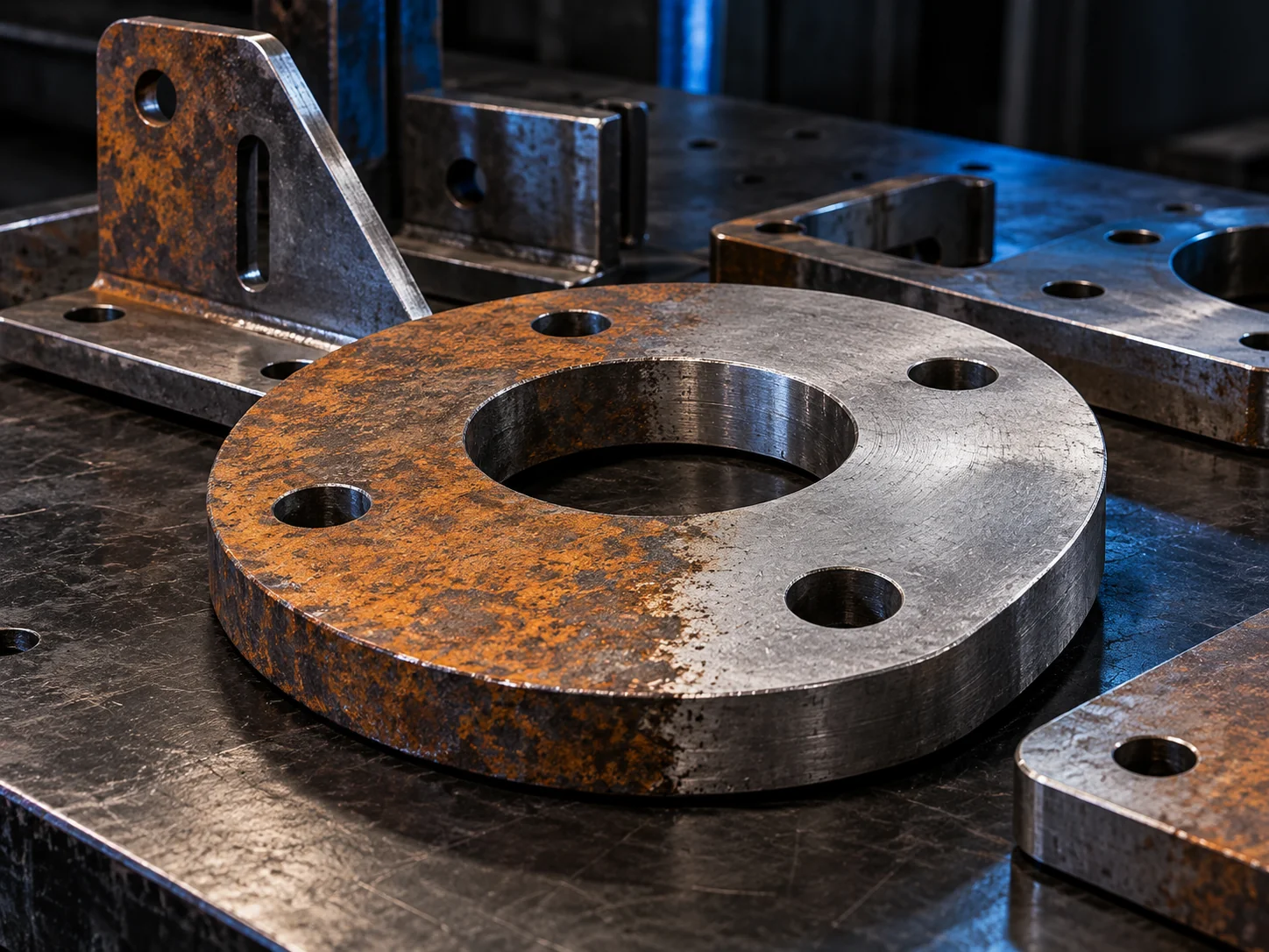 Steel fabrication components with oxidized and exposed metal surfaces