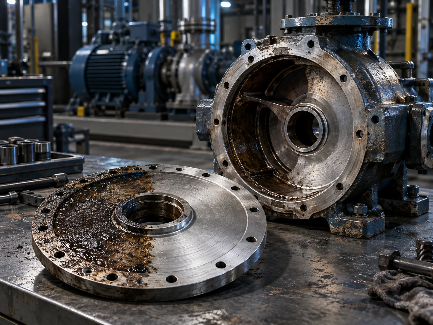 Disassembled pump housing and cover with residue and exposed metal