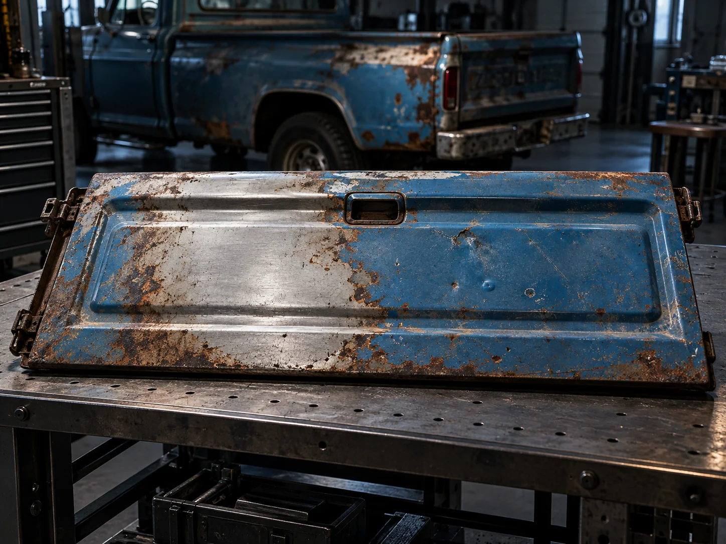 Weathered blue tailgate with an exposed steel section in a restoration workshop