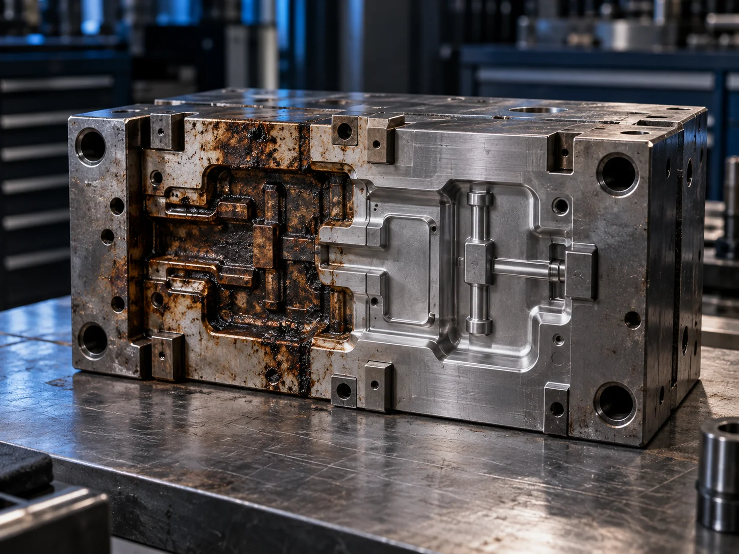 Industrial mold showing residue and cleaned machined surfaces