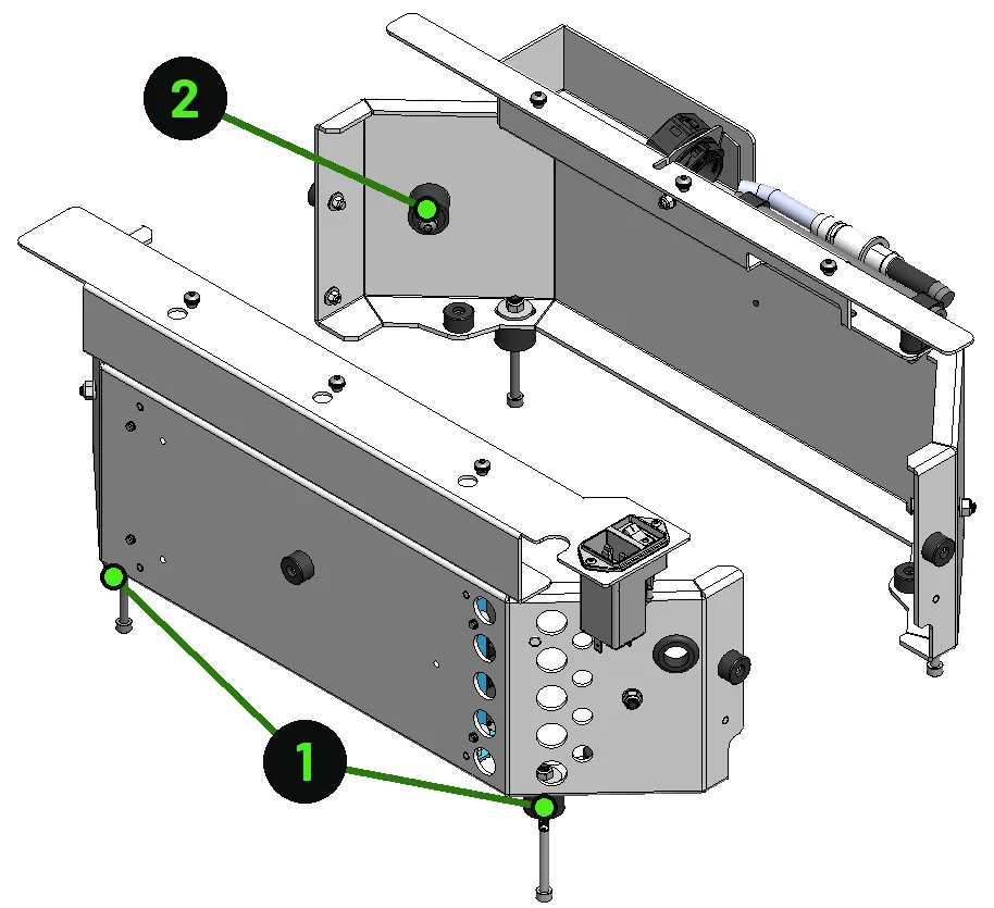 EcoClean isolation frame. Drawing label 1 identifies floor isolation mounts; label 2 identifies diagonal corner isolation mounts.