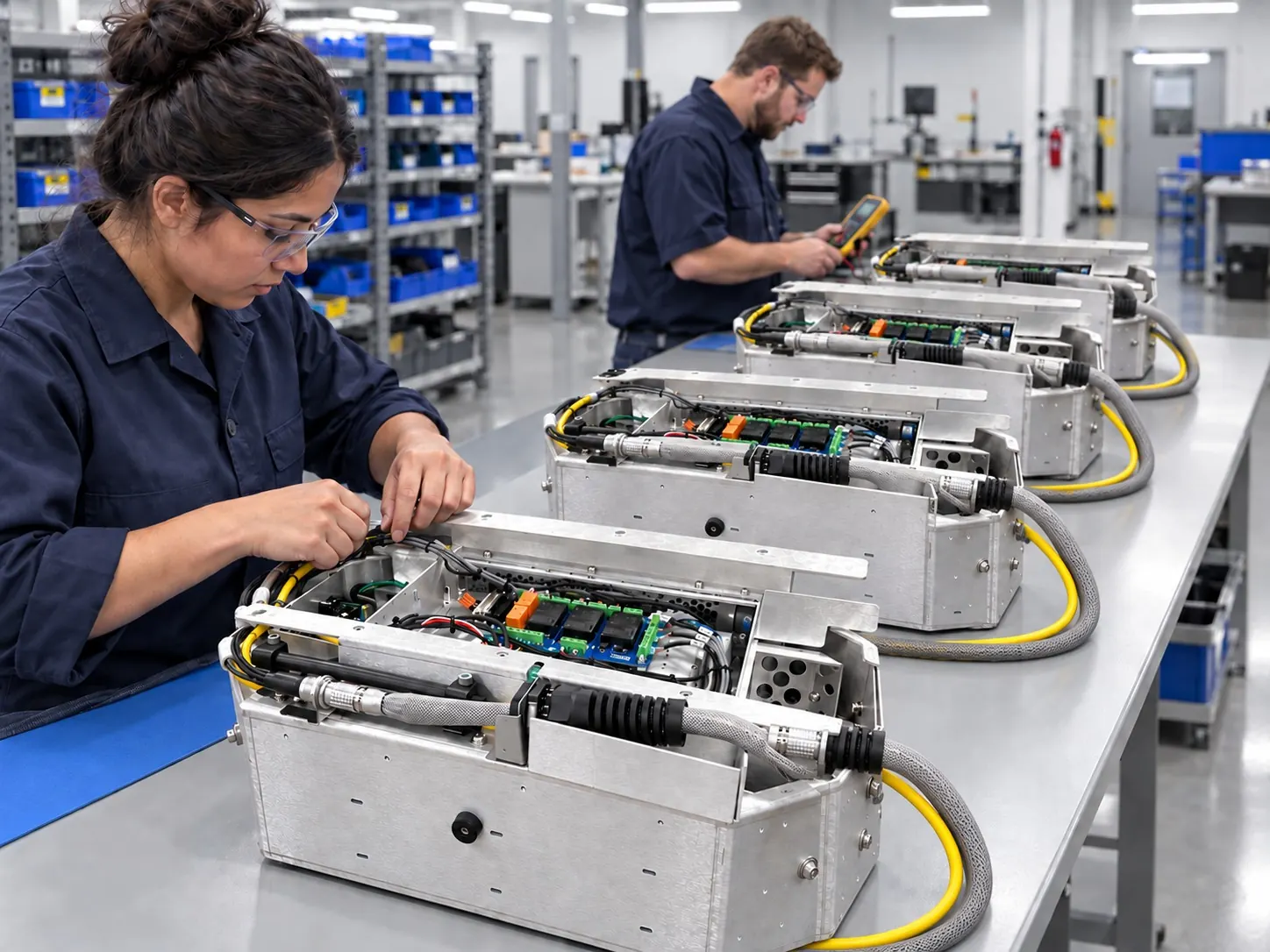 Illustrative rendering of technicians assembling EcoClean modules with laser, controls and wiring on a production bench.