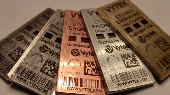 Sample of brass, stainless, aluminum, steel marking, annealing, ablating, deep engraving 